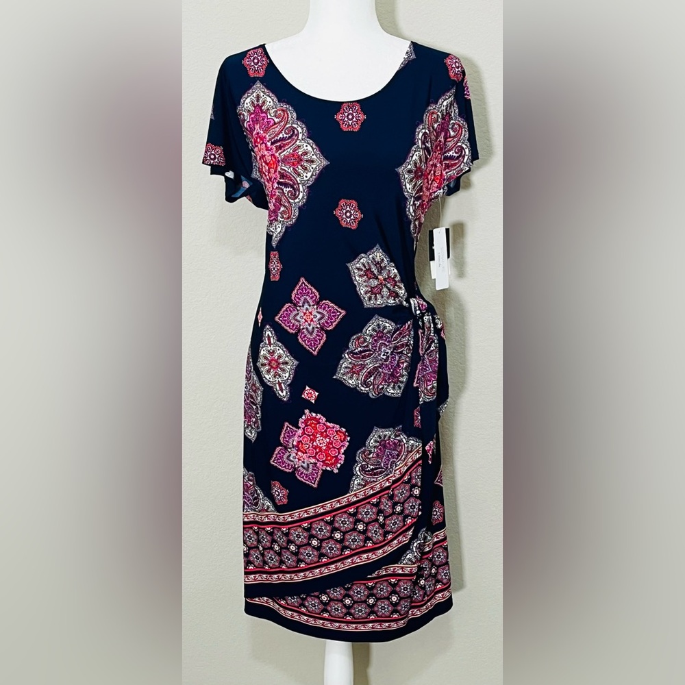 Robbie Bee Faux Wrap Sarong Dress Medallion Patchwork Print Size L